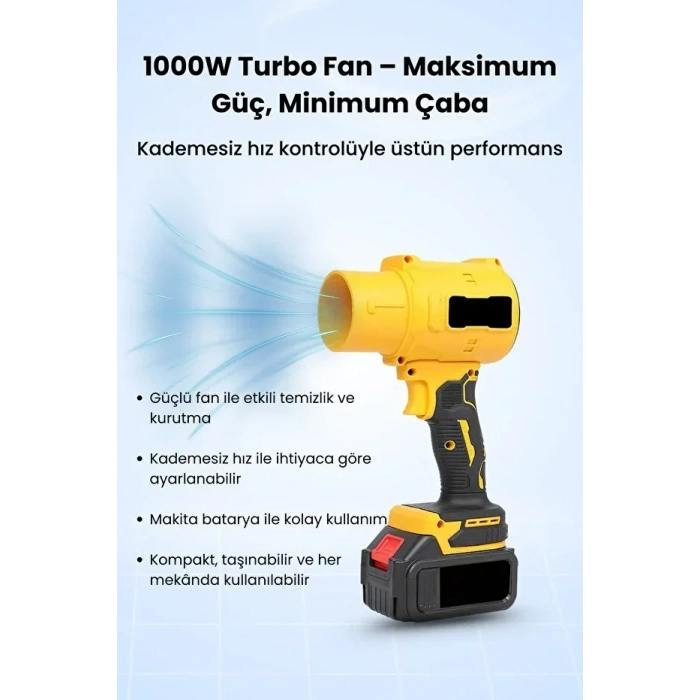 21V Kablosuz Hava Üfleyici | 32.000RPM Turbo Fan, 12.000mAh Batarya, Bahçe &amp; Araç Kurutma / Sarı (5263)