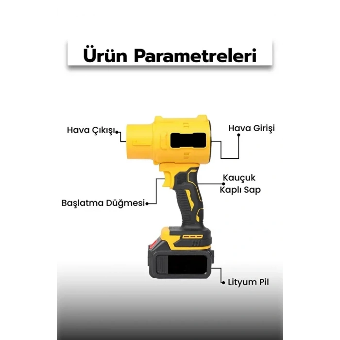 21V Kablosuz Hava Üfleyici | 32.000RPM Turbo Fan, 12.000mAh Batarya, Bahçe &amp; Araç Kurutma / Sarı (5263)