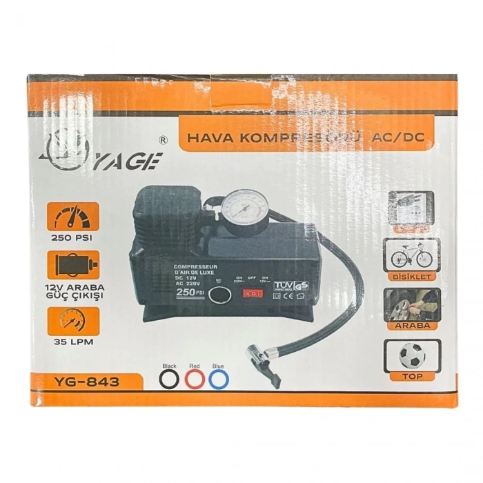 220 Volt-12 Volt 250 Psi Kompresör Lastik Hava Şişirme Oto Pompası Fişli Ve Çakmaklı Yage-843 (5263)