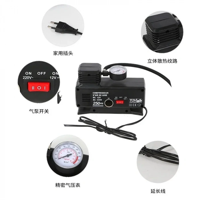 220v Ile 12v Oto Elektriği Çalışan Hava Lastik Şişirme Kompresörü 250 Psı Çok Amaçlı Yol Yardımı