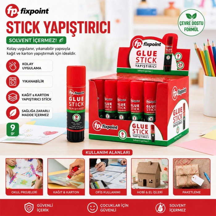 24 ADET 9GR STICK YAPIŞTIRICI SOLVENT İÇERMEZ YIKANABİLİR KOLAY UYGULAMA KAĞIT - KARTON YAPIŞTIRICI STİCK (5263)