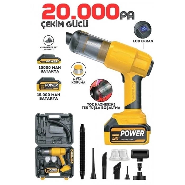 25.000mah Çift Bataryalı Auhma 20.000pa Ultra Çekim Güçlü Çantalı Araç Temizleme Süpürgesi