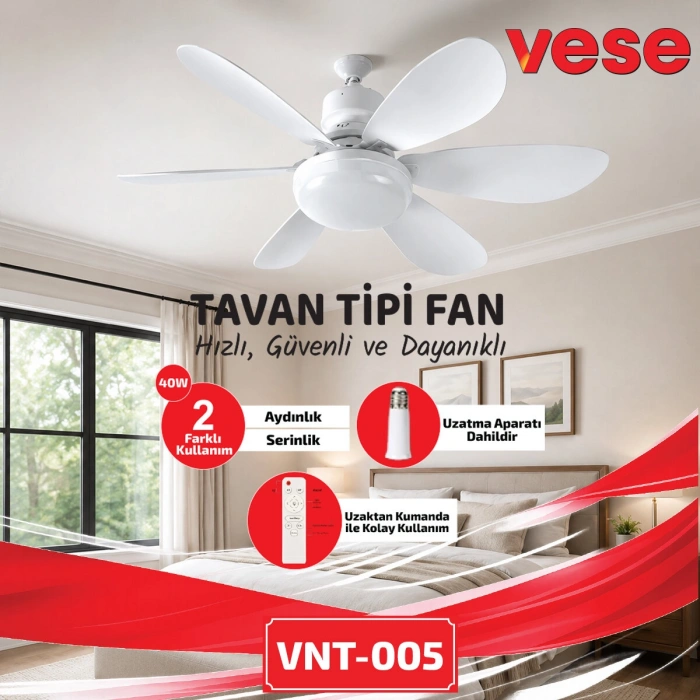 2İN1=TAVAN VANTİLATÖR - AVİZE LAMBA 40W KUMANDALI 6KNAT VNT-005 (5263)