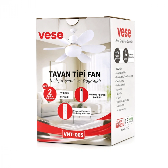 2İN1=TAVAN VANTİLATÖR - AVİZE LAMBA 40W KUMANDALI 6KNAT VNT-005 (5263)