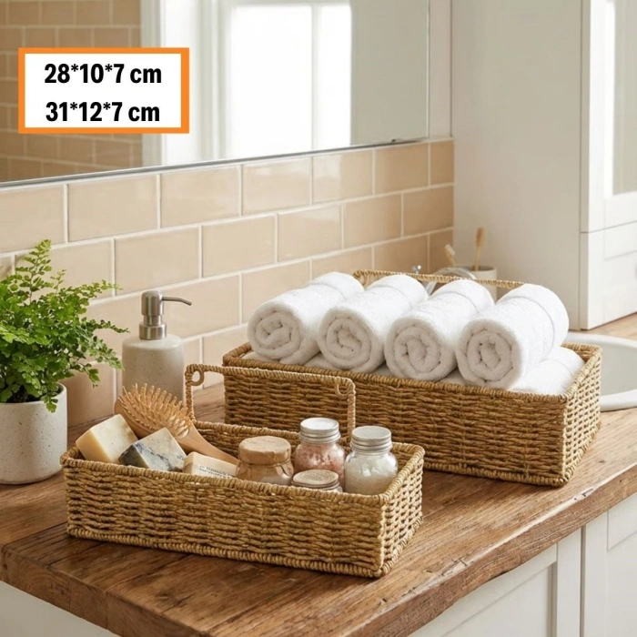 2’li Duvar Askılı Plastik Rattan Organizer – Dikdörtgen Hasır Görünümlü Mutfak Raf Sepeti, Banyo ve Ev İçi Düzenleme Ünitesi (5263)