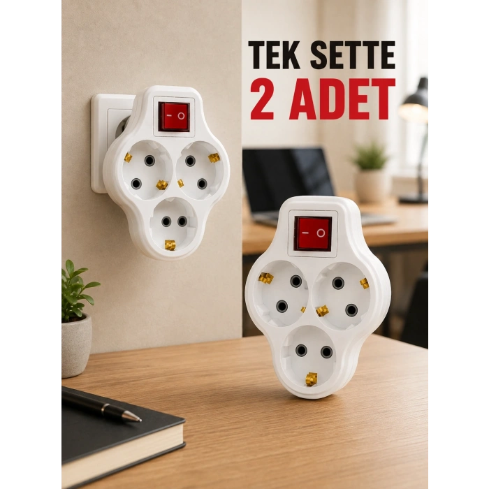 2’li Set Anahtarlı 3’lü Priz Çoğaltıcı Direkt Prize Takılan Kablosuz Çoklayıcı