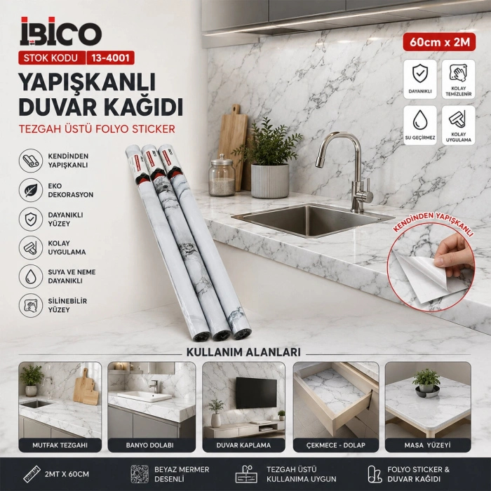 2MT X 60CM BEYAZ MERMER DESENLİ TEZGAH ÜSTÜ FOLYO STİCKER - DUVAR KAĞIT KENDİNDEN YAPIŞKANLI - EKO DEKORASYON - DAYANIKLI (5263)