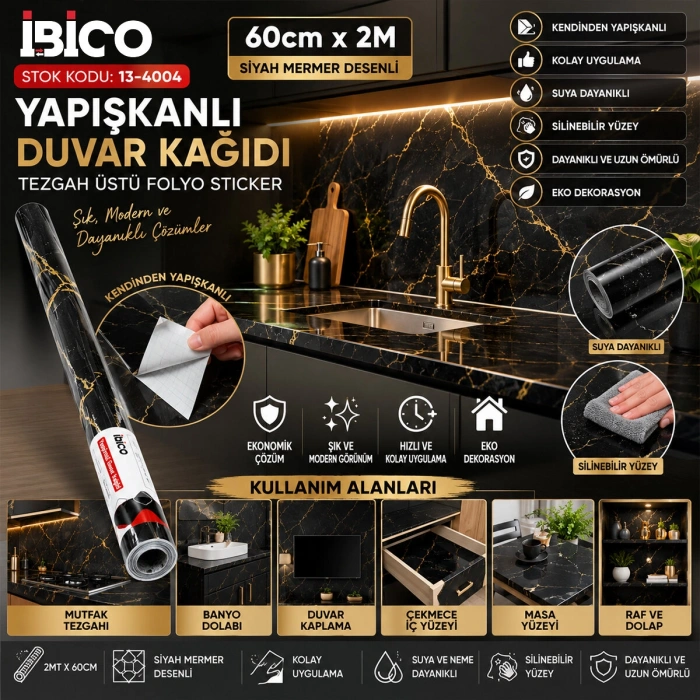 2MT X 60CM SİYAH MERMER DESENLİ TEZGAH ÜSTÜ FOLYO STİCKER - DUVAR KAĞIT KENDİNDEN YAPIŞKANLI - EKO DEKORASYON - DAYANIKLI (5263)