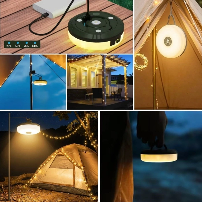 2’si 1 Arada 5 Farklı Işık Modlu Gün Işığı Şarjlı Kamp Lambası ve Makaralı 10 Metre Peri LED Işık – Su Geçirmez Mıknatıslı Aydınlatma Feneri (5263)