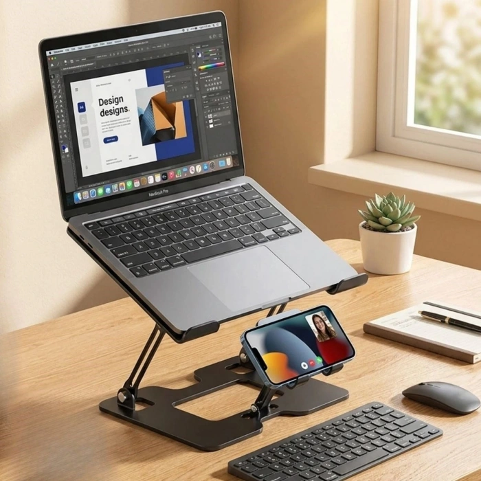 2’si 1 Arada Laptop ve Telefon Standı – AlüMetal Ayarlanabilir,Katlanabilir,Ergonomik Yükseltici (5263)