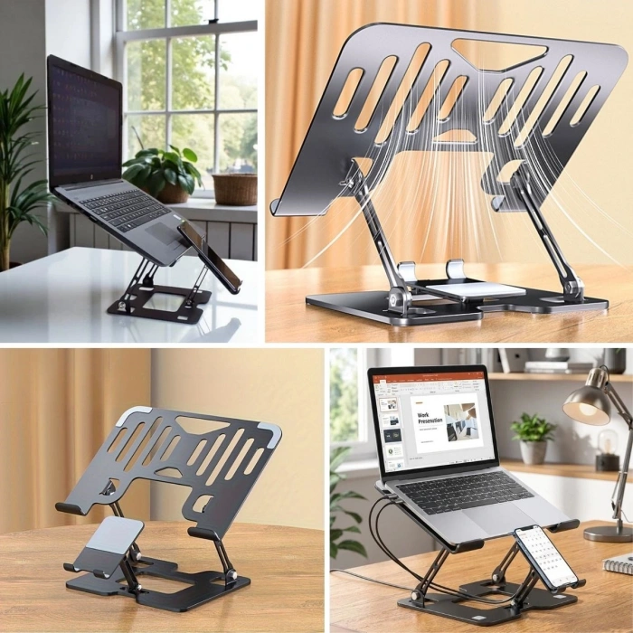 2’si 1 Arada Laptop ve Telefon Standı – AlüMetal Ayarlanabilir,Katlanabilir,Ergonomik Yükseltici (5263)