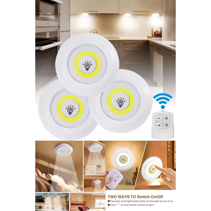 3'lü Uzaktan Kumandalı Pilli Yapışkanlı Kablosuz Led Spot Lambalar (5263)