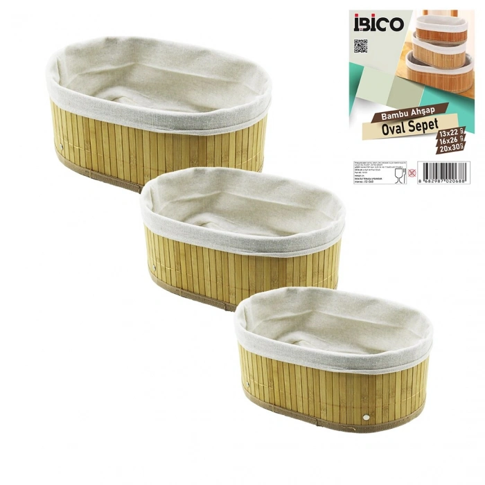 3 BOY  OVAL  BAMBU KENAR ORGANİZER SEPET AHŞAP ALTLIK - BEZLİ  13X22-16X26-20X30CM (5263)