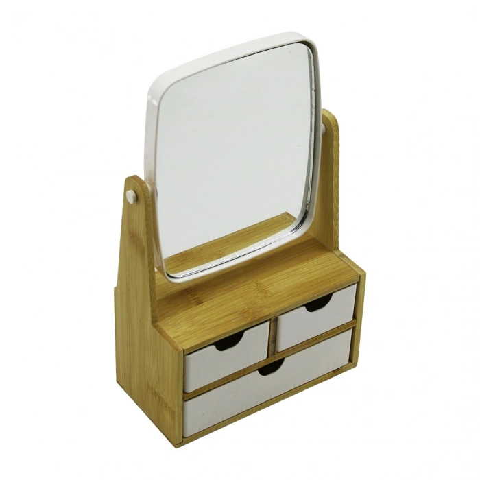 3 ÇEKMECELİ BAMBU AHŞAP STANDLI=9X9.5X18X21.5CM MAKYAJ AYNASI=15X18CM TAKILIK 2+1 ORGANİZER (5263)