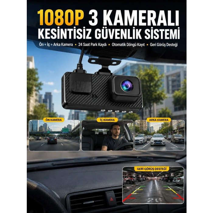 3 Kameralı Araç İçi Dvr Kayıt Cihazı  Ön İç Arka Kamera Full Hd