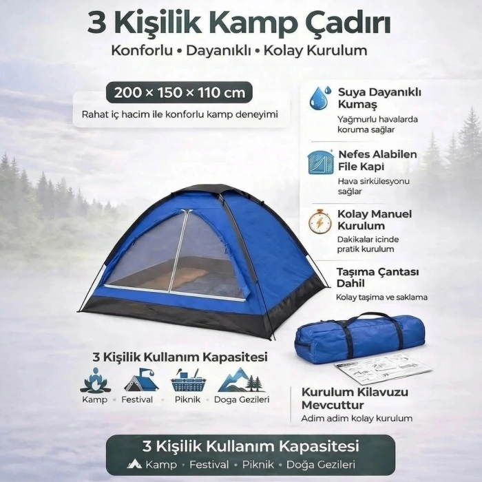3 Kişilik Manuel Kamp Çadırı – Düz Kapılı Outdoor Aile, Doğa, Piknik ve Kamp Çadırı 200x150x110 cm (5263)