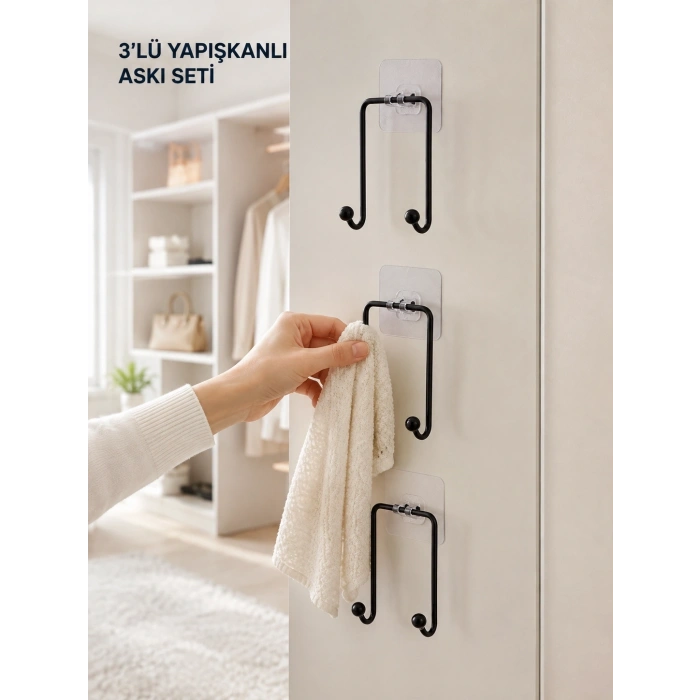 3lü Duvar Tipi Yapışkanlı Askılık Ev Ve Yaşam Alanları İçin Pratik Set