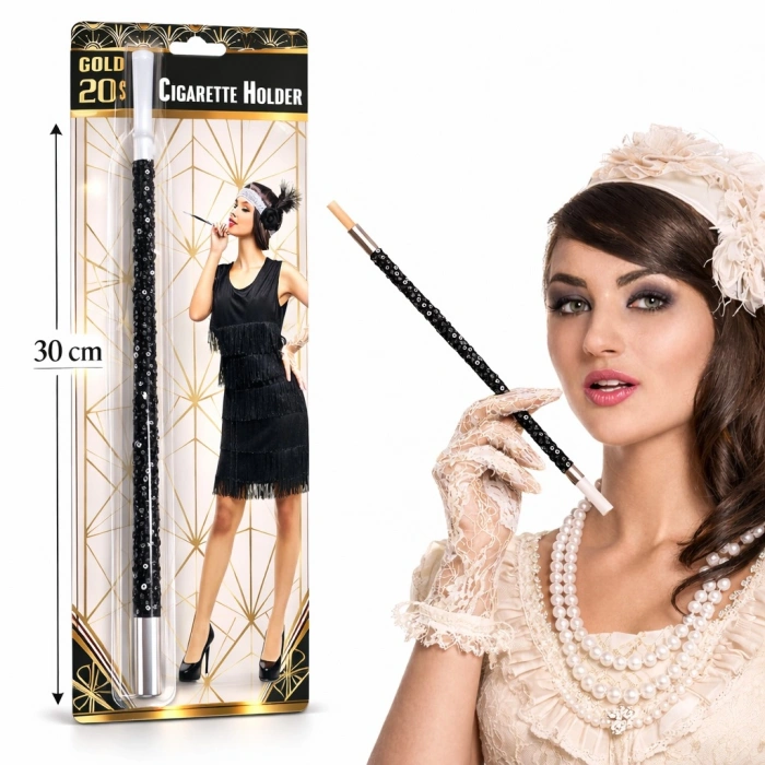 30 cm Siyah Payetli Sigara Tutacağı – 1920’ler Gatsby Parti Aksesuarı (5263)