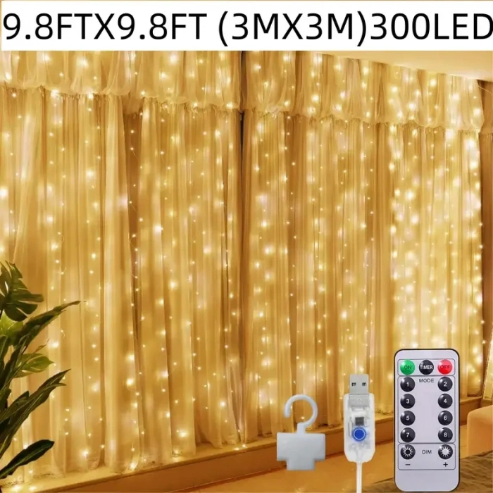 300 Ledli 10 Sarkıt Perde Led Işık-8 Fonksiyon, Uzaktan Kumandalı, 3x3 Metre (5263)