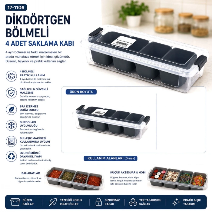 35X7CM ŞEFFAF KUTU - SİYAH BÖLME DİKDÖRTGEN BÖLMELİ SAKLAMA KAB (5263)