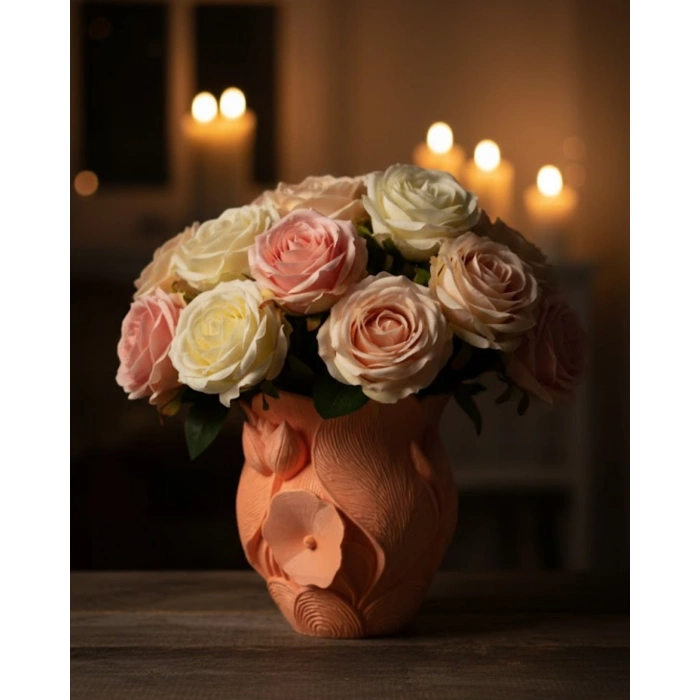 3d Kabartmalı Çiçek Motifli Turuncu Dekoratif Vazo