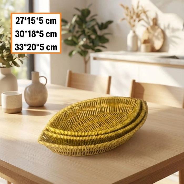 3’lü Kayık Formlu Plastik Rattan Sepet Seti–Hasır Görünümlü Ekmek, Meyve ve Sunum Sepetleri, Çok Amaçlı Masaüstü Organizer (5263)