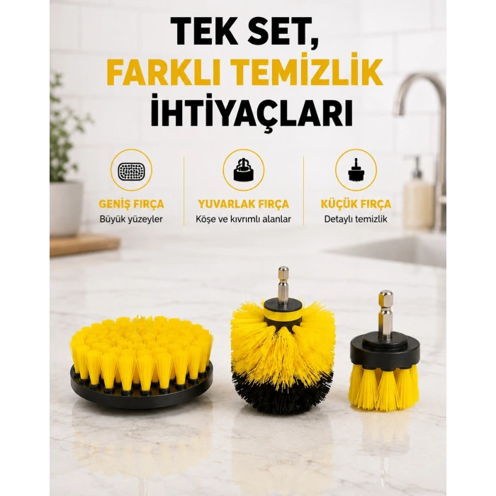 3’lü Matkap Temizlik Fırçası Seti – Banyo, Mutfak Ve Araç Jantı İçin Etkili Yeni Nesil