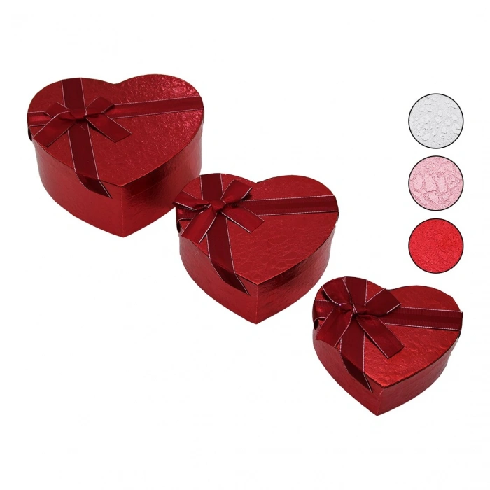 3PCS   KALP  PARLAK RENKLİ - KABARTMA DESEN KARTON HEDİYE KUTUSU KURDELALI  15-18-21CM (5263)