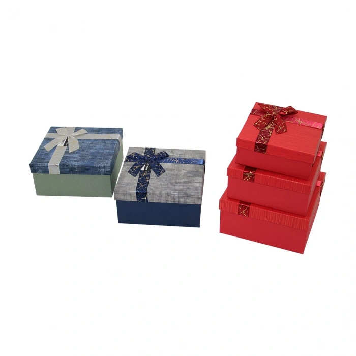 3PCS KARE ÇİZGİLİ MİX RENKLİ KARTON HEDİYE KUTUSU KURDELALI 19-17-15CM (5263)