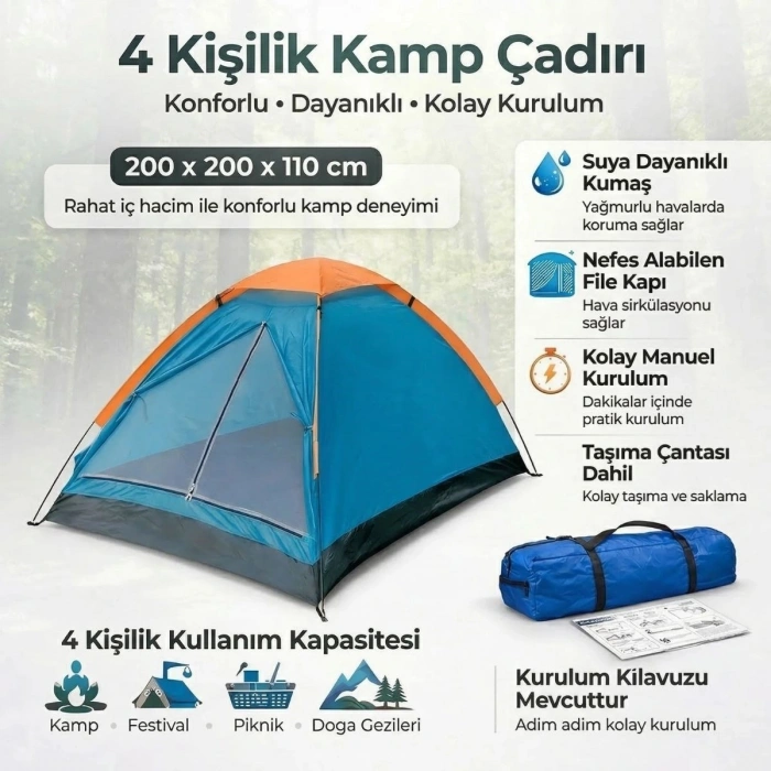 4 Kişilik Kamp Çadırı Manuel Kurulum Düz Kapılı Outdoor Dayanıklı Kamp Doğa Çadırı 200 x 200 x 110 cm (5263)