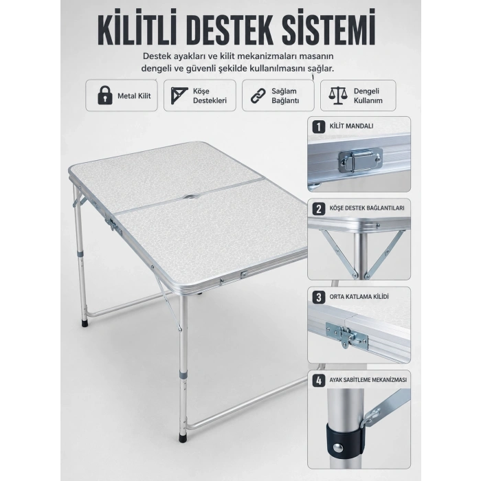 4 Kişilik Katlanabilir Kamp Masası Seti 4 Tabureli 50-65 Cm Ayarlanabilir Yükseklik