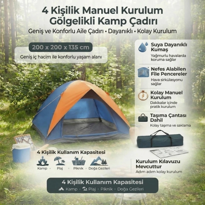 4 Kişilik Manuel Kurulum Gölgelikli Kamp Çadırı – Aile, Doğa, Piknik ve Outdoor 200x200x135 cm (5263)