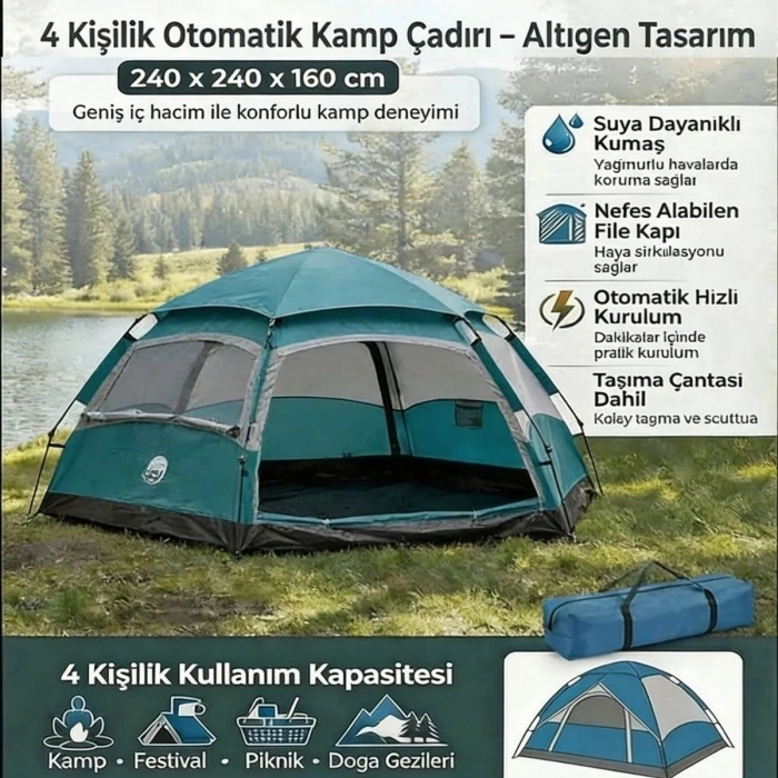 4 Kişilik Otomatik Kamp Çadırı – Altıgen Tasarım, Çift Kapılı, Suya Dayanıklı, Hızlı Kurulumlu Geniş Aile Outdoor Çadırı 240x240x160 cm (5263)