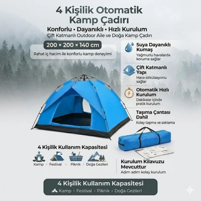 4 Kişilik Otomatik Kamp Çadırı – Çift Katmanlı, Suya Dayanıklı, Hızlı Kurulum Outdoor Aile ve Doğa Çadırı 200x200x140 cm (5263)