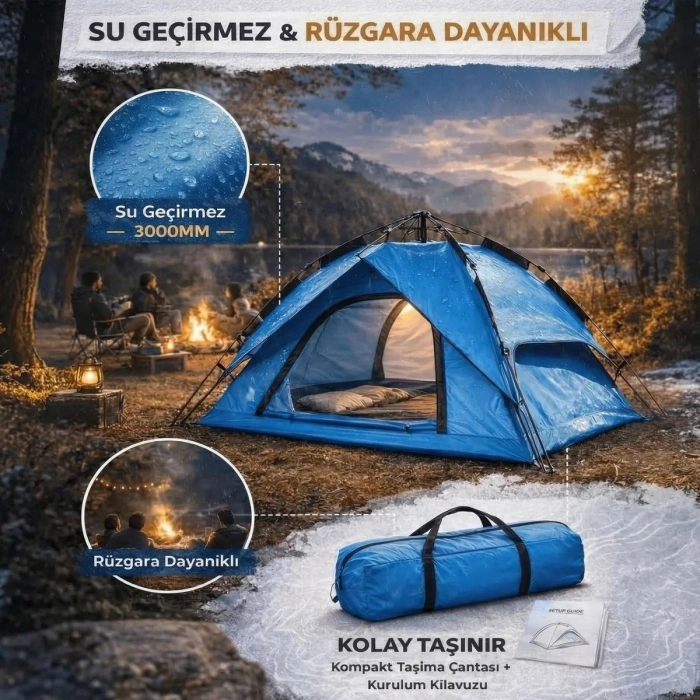 4 Kişilik Otomatik Kamp Çadırı – Çift Katmanlı, Suya Dayanıklı, Hızlı Kurulum Outdoor Aile ve Doğa Çadırı 200x200x140 cm (5263)