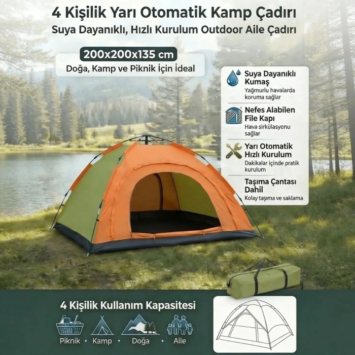 4 Kişilik Yarı Otomatik Kamp Çadırı – Suya Dayanıklı, Hızlı Kurulumlu Outdoor Aile Çadırı, Doğa, Kamp ve Piknik 200x200x135 cm (5263)