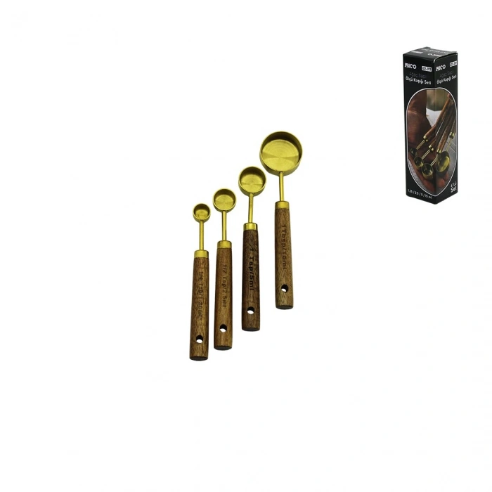 4 PCS GOLD METAL ÖLÇÜ KAŞIK SETİ OTANTİK AĞAÇ KULP 15ML - 5ML - 2.5ML - 1.25ML (5263)