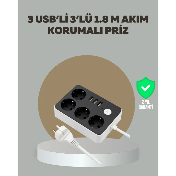 4 Prizli 3 Usb Portlu Anahtarlı Akım Korumalı Priz