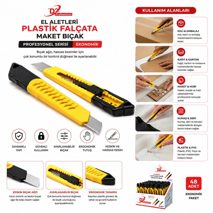 48 ADET EKO PLASTİK FALÇATA MAKET BIÇAK SARI (5263)
