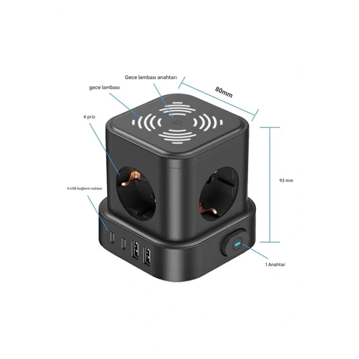 4lü Akım Korumalı Priz Gece Lambalı 2xusb 2xtype-c Çıkış Yüksek Gerilim Koruma Çoklu Priz Çoğaltıcı