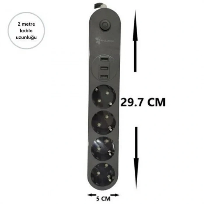 4lü Siyah Anahtarlı 3 Usb Li Akım Korumalı Topraklı Çocuk Korumalı Grup Priz 2 Metre