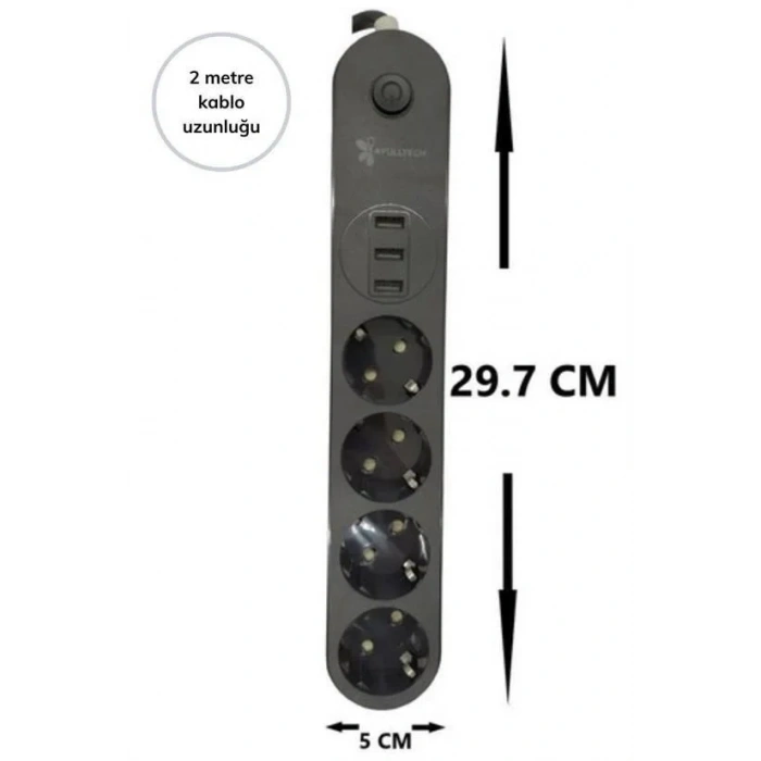 4lü Siyah Anahtarlı 3 Usb Li Akım Korumalı Topraklı Çocuk Korumalı Grup Priz 2 Metre