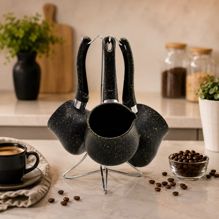 4PCS 230-280-380ML GRANİT - ÇELİK CEZVE RENKLİ METAL STANDLI (5263)