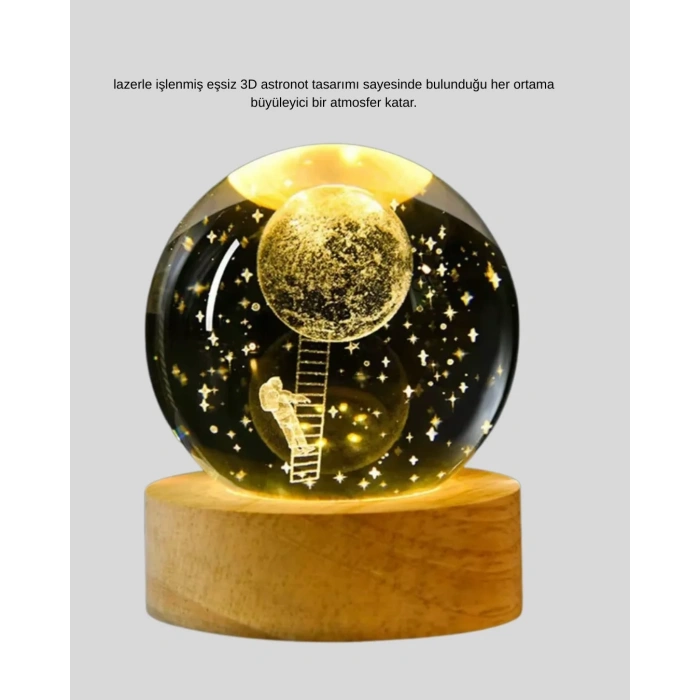 5 Cm 3d Kristal Astronot Küre Lamba – Dekoratif Led Işıklı Ahşap Stand