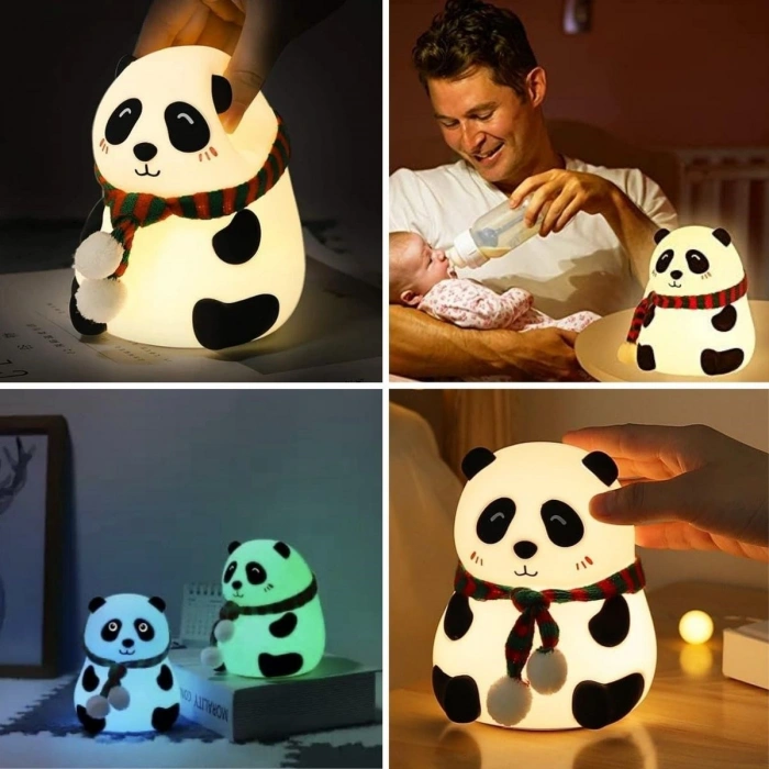 5 Farklı Renk Modlu Panda Figürlü Pofuduk LED Gece Lambası–Yumuşak Dokulu Çocuk Odası ve Dekoratif Şarjlı Ortam Işığı (5263)