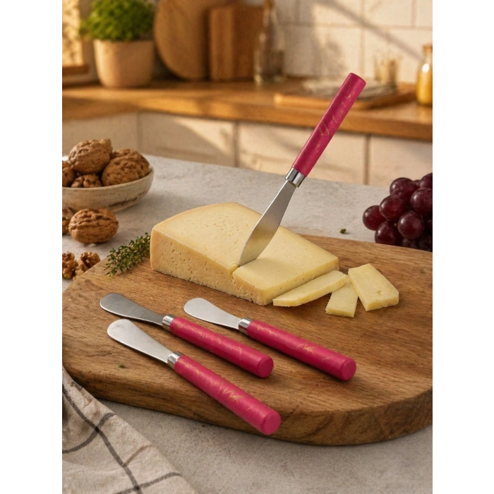 5 PARÇA  UZUN KAHVALTI BIÇAK - KIRMIZI MERMER DESEN SAPLI 16.5 cm (5263)