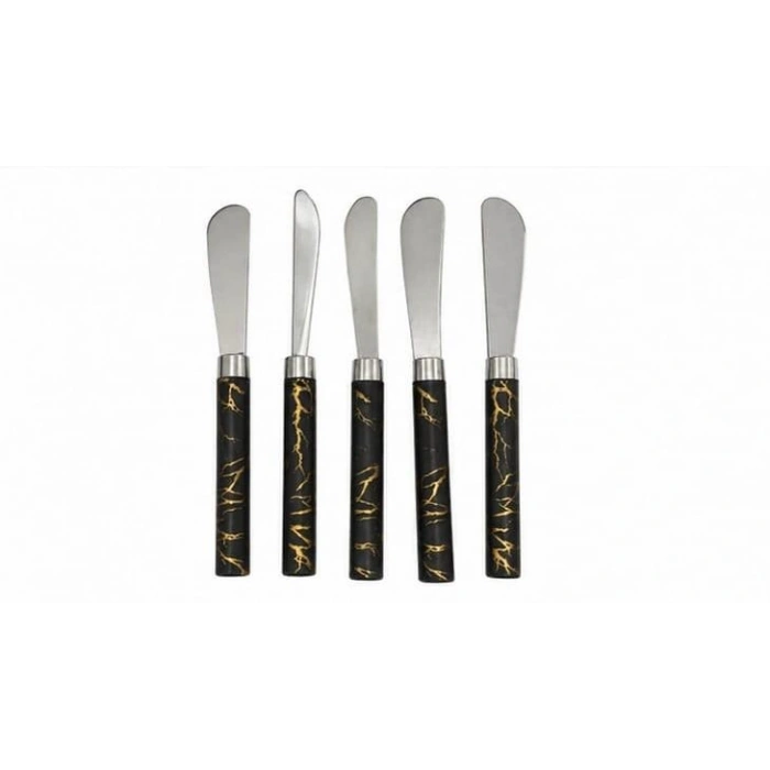 5 PARÇA  UZUN KAHVALTI BIÇAK - SİYAH MERMER DESEN SAPLI 16.5 cm (5263)