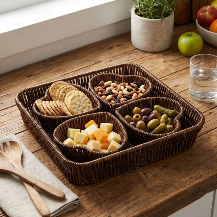 5 Parça,4 Kalp Formlu Plastik Rattan Sunum ve Kahvaltı Seti-Bölmeli Çerezlik ve Meyvelik-Doğal Hasır Görünümlü Tepsi ve Sunum Tabakları (5263)