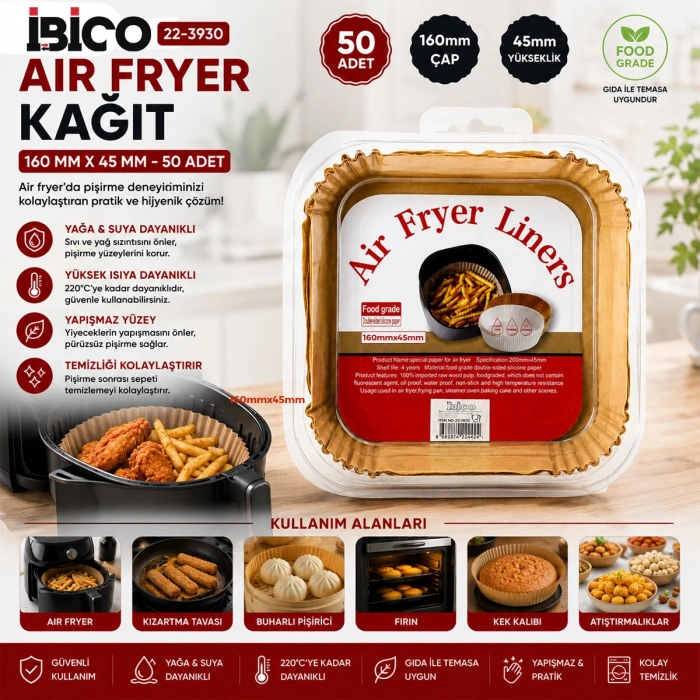 50PCS KARE TABAN: 16CM - KENAR: 4.5CM AİR FRYER PİŞİRME KALIP KAĞIT (5263)