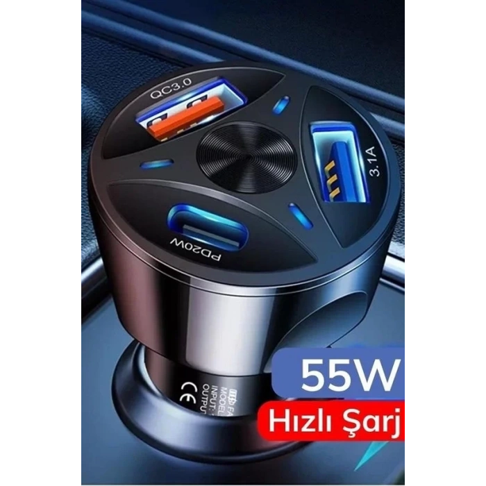 55w 3 Port Usb Araç İçin Telefon Şarj Cihazı 3 Girişli Çakmaklık Adaptör-31a Pd 20w Qc 30